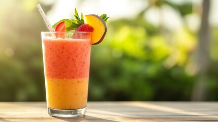 vibrant fruit smoothie in a clear glass, garnished with a straw and fruit slices, on a wooden table with a sunny outdoor background