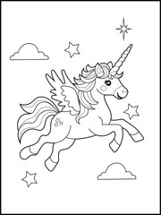 Illustration of a cute unicorn cartoon character. Black and white Printable Unicorn coloring page for kids.