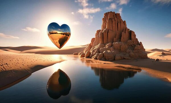 In the heart of a dry desert, an ancient artifact floats above a small oasis, casting a long shadow over the water. The sky above is clear with clouds slowly passing by, 4k Animation Video