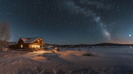 A cozy cabin illuminated under a starry sky, with the Milky Way stretching across a winter landscape.