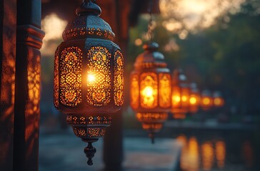 Ornamental Arabic lantern with burning candle glowing at night and glittering golden bokeh lights. Festive greeting card, an invitation for the Muslim holy month Ramadan Kareem.