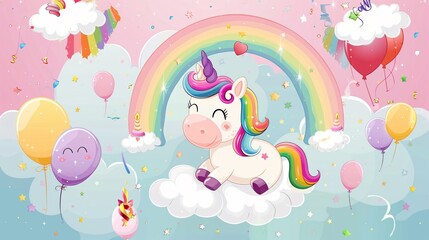 Birthday Card with Cute Unicorn and Rainbow Vector Illustration