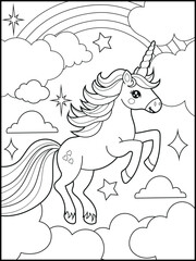 Illustration of a cute unicorn cartoon character. Black and white Printable Unicorn coloring page for kids.