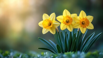 Obraz premium Bright yellow daffodils blooming in a lush green garden with a soft, blurred background