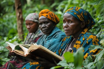 Fototapeta premium African women reading in nature preserve literacy and education concept