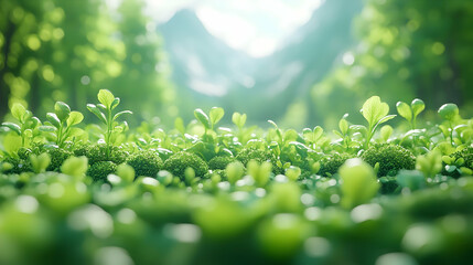 Mountain sunlit forest floor sprouts