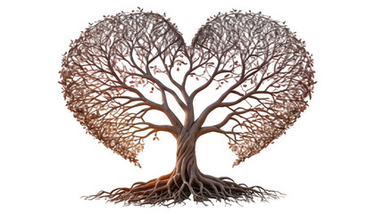 A heart-shaped tree with branches and roots forming intricate heart patterns, symbolizing everlasting love, with a soft sunset glow illuminating the scene, on a white transparent background PNG