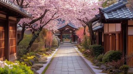 Naklejka premium A serene pathway lined with cherry blossoms and traditional architecture, creating a picturesque spring scene.