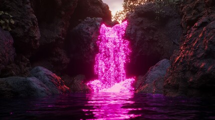 Surreal Pink Waterfall in Dark Cave Fantasy Nature Scene Magical Rocks
