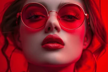 Close up beauty portrait of a fashion model wearing red sunglasses and red lipstick, immersed in a vibrant red environment © nsit0108