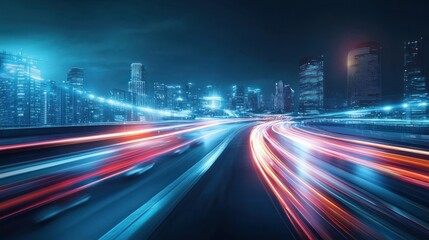 Obraz premium Night city highway with light trails.