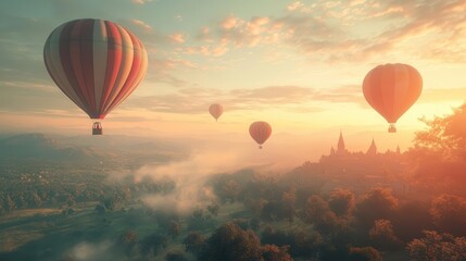 Obraz premium Colorful hot air balloons float gracefully in a serene landscape at sunrise, creating a picturesque and tranquil scene.