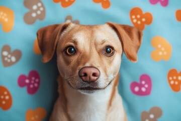Portrait of adorable fawn-colored dog lying on colorful heart-patterned blanket
