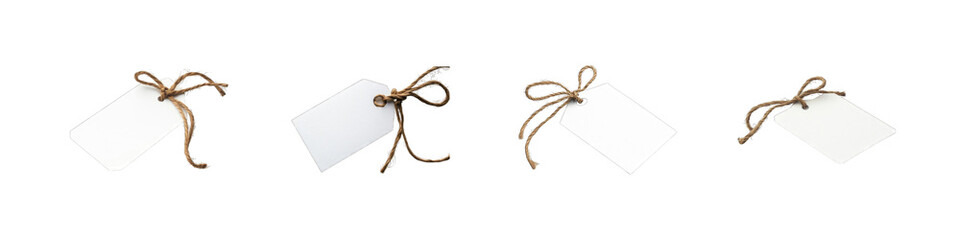 Collection of blank gift tags with twine bows arranged in various positions isolated on transparent background, PNG