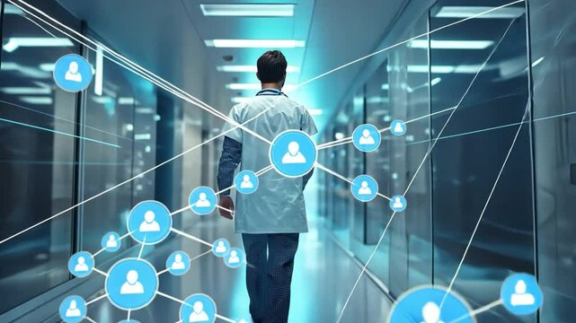 Connecting Healthcare:  A doctor walks down a sterile hospital corridor, a network of connected avatars hovering around them, symbolizing the interconnectedness of modern healthcare. 