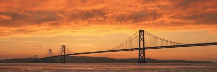 A majestic bridge stretching into the horizon against a fiery sunset sky, majestic, crossing