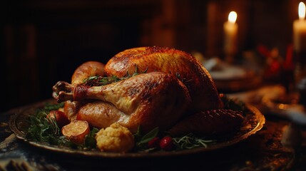 Roasted turkey on platter with herbs, potatoes, and cornbread, candlelight background.