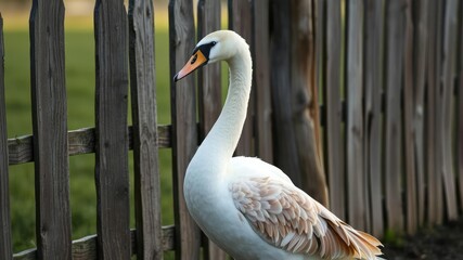 Obraz premium A majestic coscoroba swan stands beside a weathered wooden fence, its feathers glistening in the soft morning light as it gazes out into the distance, swans, fences