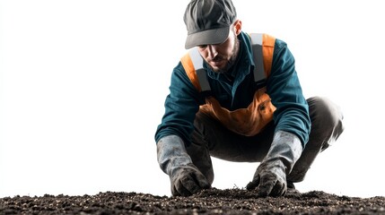 A worker sowing seeds manually, isolated on a seamless white background,