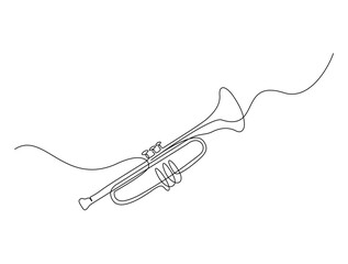 Continuous one line drawing of trumpet- music equipment. Classic trumpet in the pot single outline vector illustration. Editable stroke.
