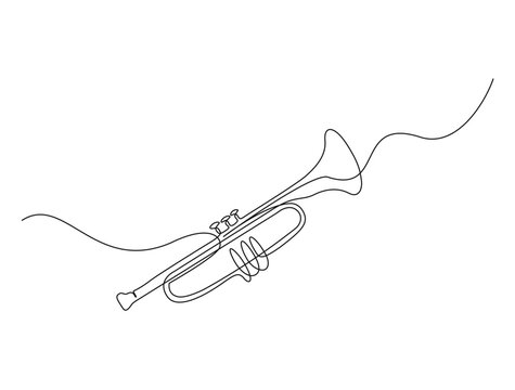 Continuous one line drawing of trumpet- music equipment. Classic trumpet in the pot single outline vector illustration. Editable stroke.