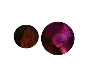 Two Planets for use in your photos or art images. Made from liquid art using water, paint, soap, oil and inks. Macro photos. Various colors and textures. Resize to add in your photographs or art.