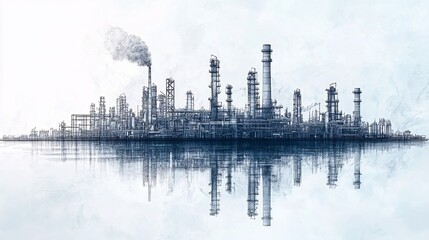 Minimalistic line art of an oil refinery plant and industrial structures, with the sky drawn separately, symbolizing the oil and gas industry.