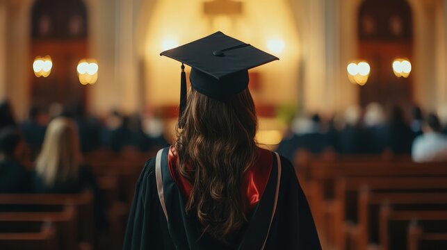 Graduation Ceremony with student in cap and gown facing away from the camera