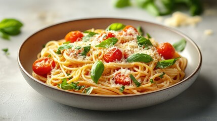 Pasta with cherry tomatoes and cheese in Italian style. Aesthetic food photography of a traditional Mediterranean dish.