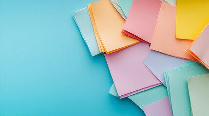 Pastel-colored paper sheets scattered over a turquoise background, perfect for stationery projects or vibrant design presentations. Selective focus