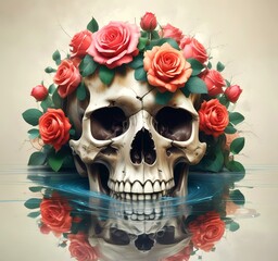 Illustration of human skull with roses.