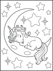 Illustration of a cute unicorn cartoon character. Black and white Printable Unicorn coloring page for kids.