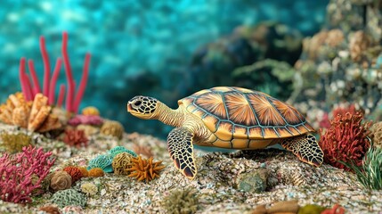 Sea turtle crawling on vibrant coral reef.