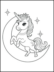 Illustration of a cute unicorn cartoon character. Black and white Printable Unicorn coloring page for kids.