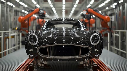 Fototapeta premium Robotic arms assembling a car body on an automotive production line, showcasing precision and automation in the manufacturing process.