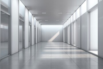 Fototapeta premium Szary korytarz biurowy z nowoczesną architekturą i ścianą makiety do ekspozycji