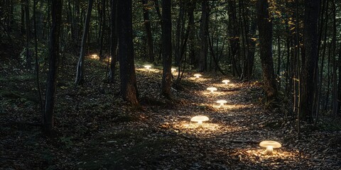 Obraz premium A forest trail illuminated by soft light from a distant source.
