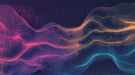 Abstract data visualization with gradient waves and binary code background pattern