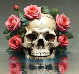 Illustration of human skull with roses.