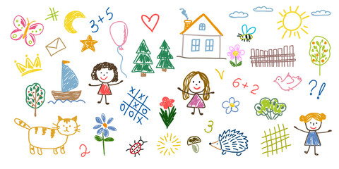 Set of children's drawing doodles, kid  design elements in flat graphics. Childish doodle drawings, girl dolls, cat, sun, trees, house, flowers, birds, numbers, icons, etc. Vector illustration