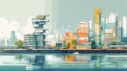 Obraz premium Transport infrastructure development flat design front view smart city architecture water color split-complementary color scheme. 