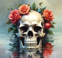 Illustration of human skull with roses.