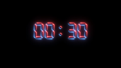 Display timer counting down minutes and seconds Isolated on Black Background
