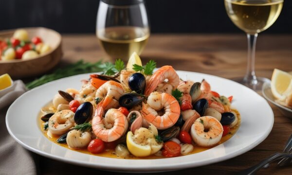 A plate of busara di scampi e frutti di mare with a glass of white wine, wine pairing, mediterranean diet, seafood