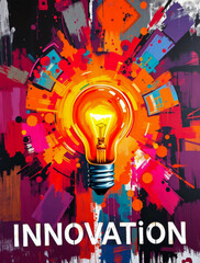 A bold poster depicting innovation. A glowing light bulb surrounded by vibrant colors