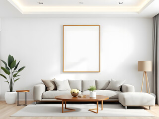 Frame mockup, ISO A paper size. Living room wall poster mockup. Interior mockup with house background. Modern interior design. 3D render