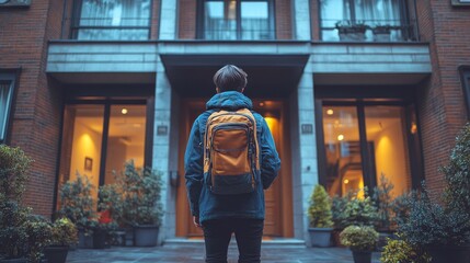 Obraz premium A person with a backpack standing in front of a modern apartment building at dusk, with plants around