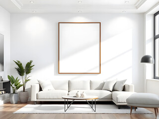 Frame mockup, ISO A paper size. Living room wall poster mockup. Interior mockup with house background. Modern interior design. 3D render