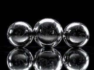 Elegant Glass Spheres with Floral Patterns on Black Background"