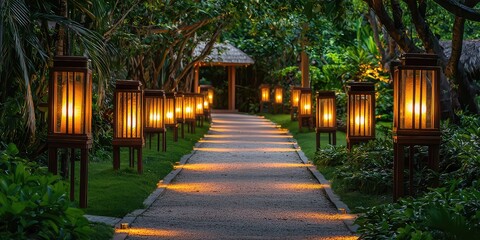 Obraz premium A pathway lined with glowing lanterns, creating a serene atmosphere.